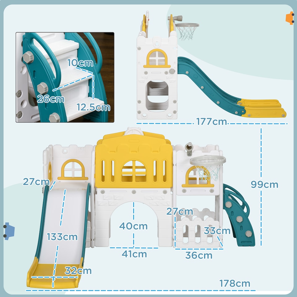 image 1 of AIYAPLAY 9-in-1 Toddler Slide with Basketball Hoop, for 1-3 Years, Yellow