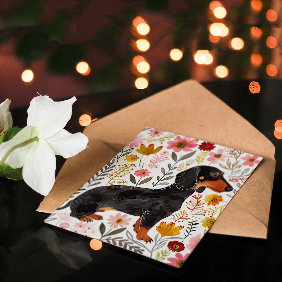 image 1 of Greeting Card Dachshund Sausage Dog Lover Floral Watercolour Birthday