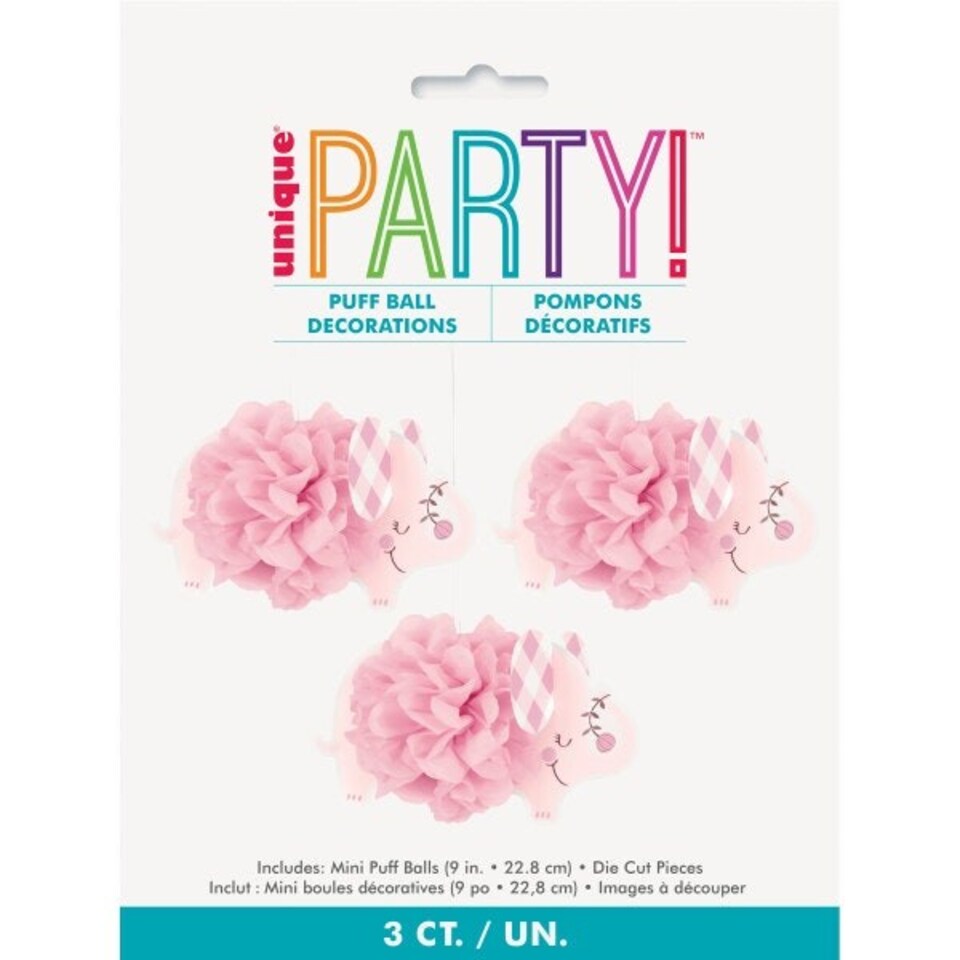 image 1 of Pack of 3 Pink Floral Elephant 9" Hanging Tissue Pom Pom Decorations