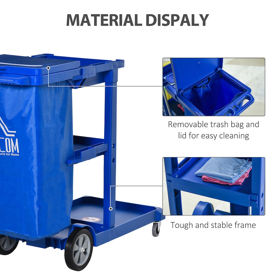 image 1 of HOMCOM Cleaning Carts On Wheels, Janitorial Trolley with 3 Tier Shelves, Housekeeping Utility Service Unit with Rubbish Bag and Mop Mount for Hotel, Office, Blue