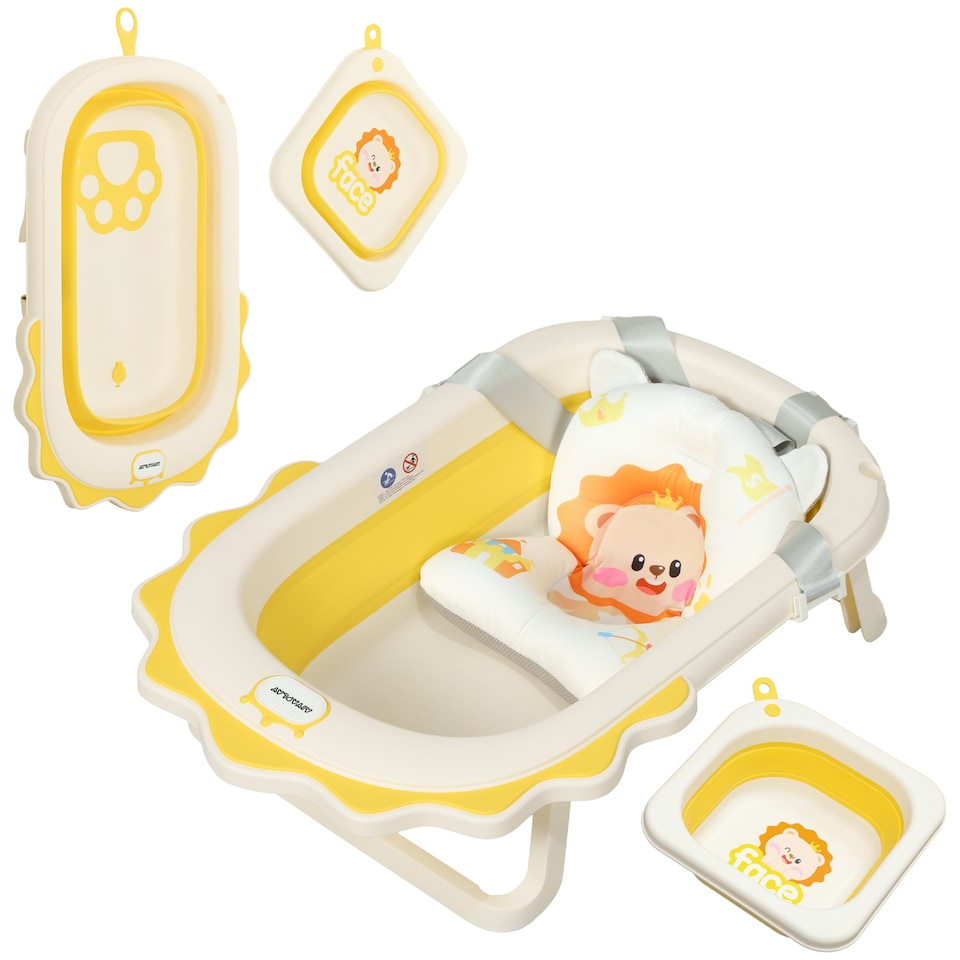 image 1 of AIYAPLAY Foldable Baby Bath Tub Set with Bath Cushion, Wash Basin, Yellow
