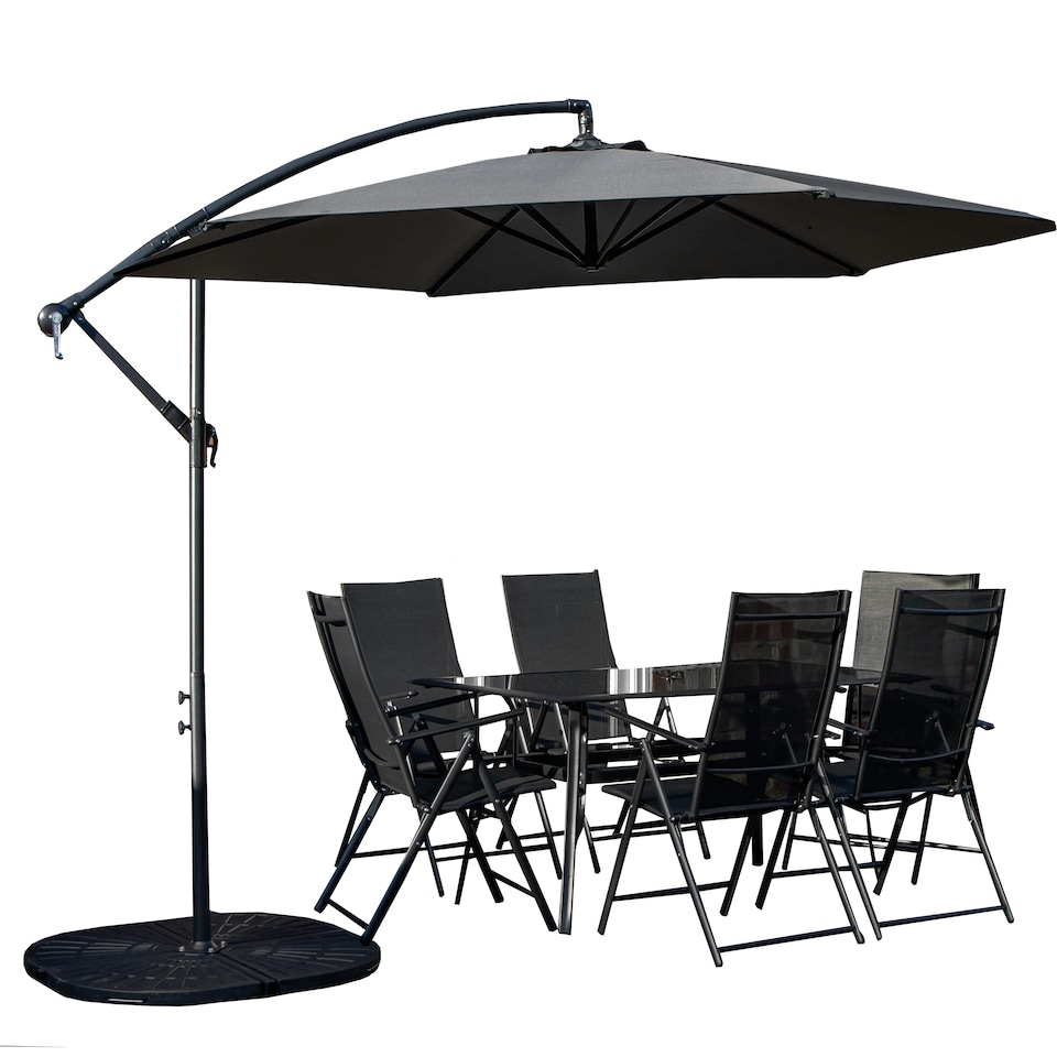 image 1 of Outdoor 6 Person Rectangular Glass Top Garden Dining Table Chairs With Grey Banana Parasol and Base