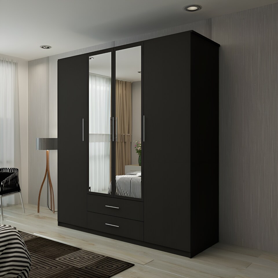 image 1 of Modern Space-Saving 4-Door Hinged Wardrobe with Central Mirrored Doors - 8 Shelves & 2 Drawers, 171cm Wide