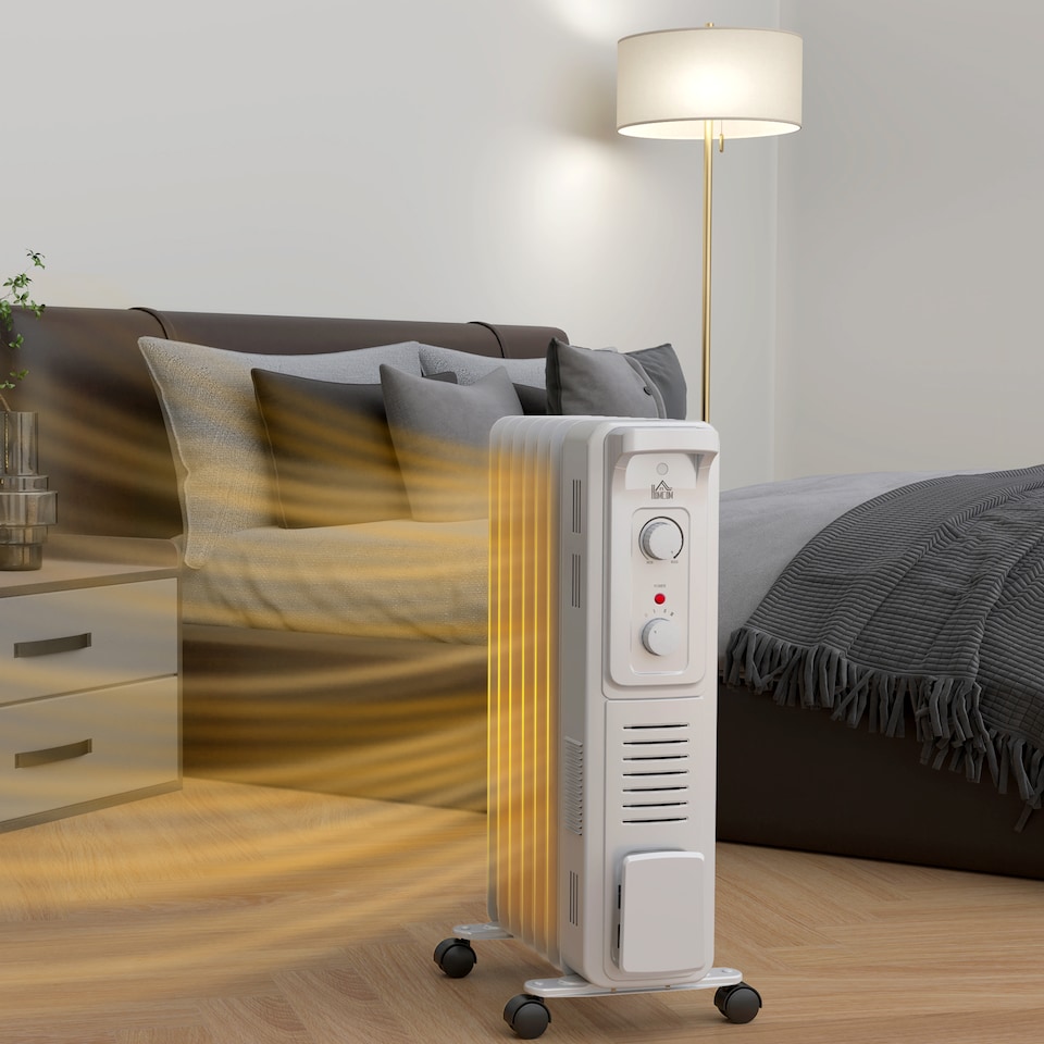 image 1 of HOMCOM 1500W Quiet Oil Filled Radiator, 7 Fin Energy Efficient Portable Electric Heater with 3 Heat Settings, Adjustable Thermostat, Safety Tip Over, Overheat Protection, for Home, White