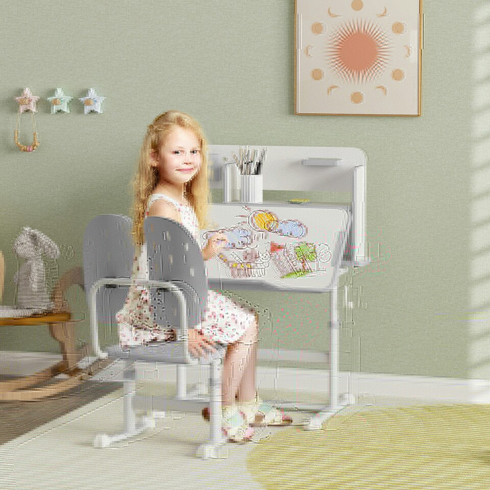 image 1 of AIYAPLAY Kids Desk and Chair Set w/ Tiltable Desktop, Reading Rack Pink