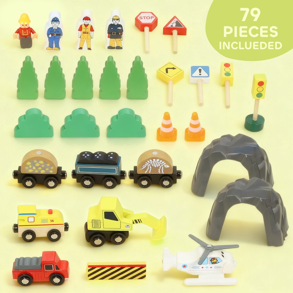 image 1 of AIYAPLAY Wooden Train Set, 79 Piece Train Track Mine Themed, Magnetic Railway Toys with Crane, Helicopter, Wooden Railway Set Birthday Gift for Kids, Boys and Girls Ages 3+ Years Old
