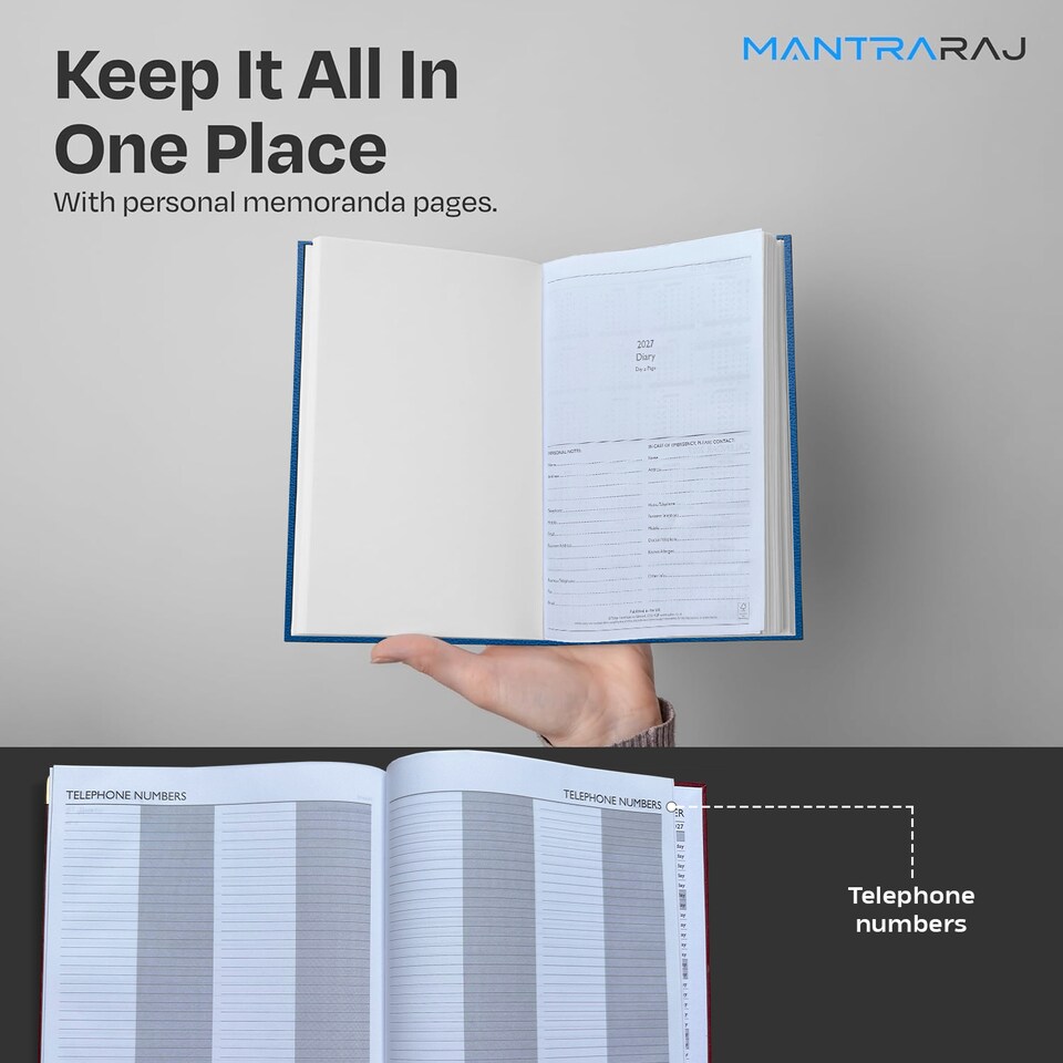 image 1 of MantraRaj 2027 Diary A5 Page A Day Padded Case Bound Desk Diary Office Organiser Planner Blue