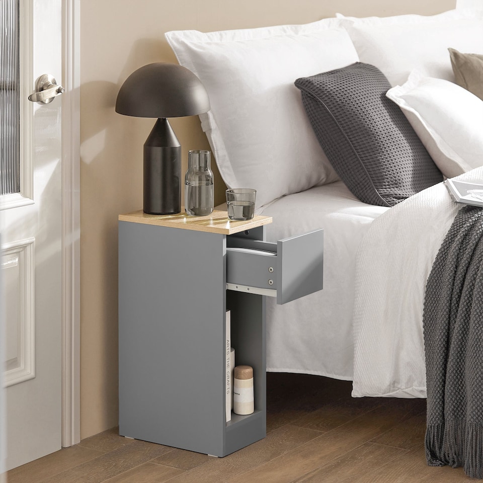 image 1 of SoBuy FBT111-HGx2,Set of 2 Slim Bedside Table Nightstand with Drawer and Shelf