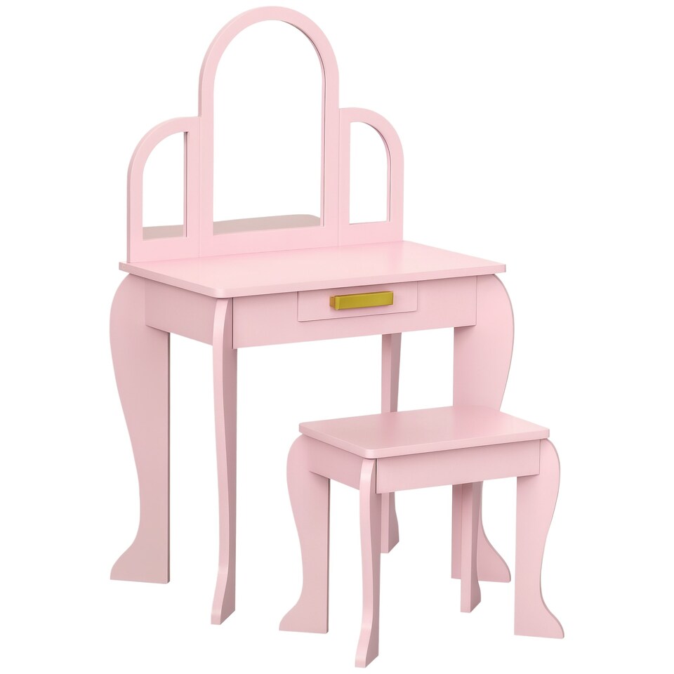 image 1 of HOMCOM Kids Dressing Table Set Kids Vanity Set w/ Drawer, Mirror - Pink