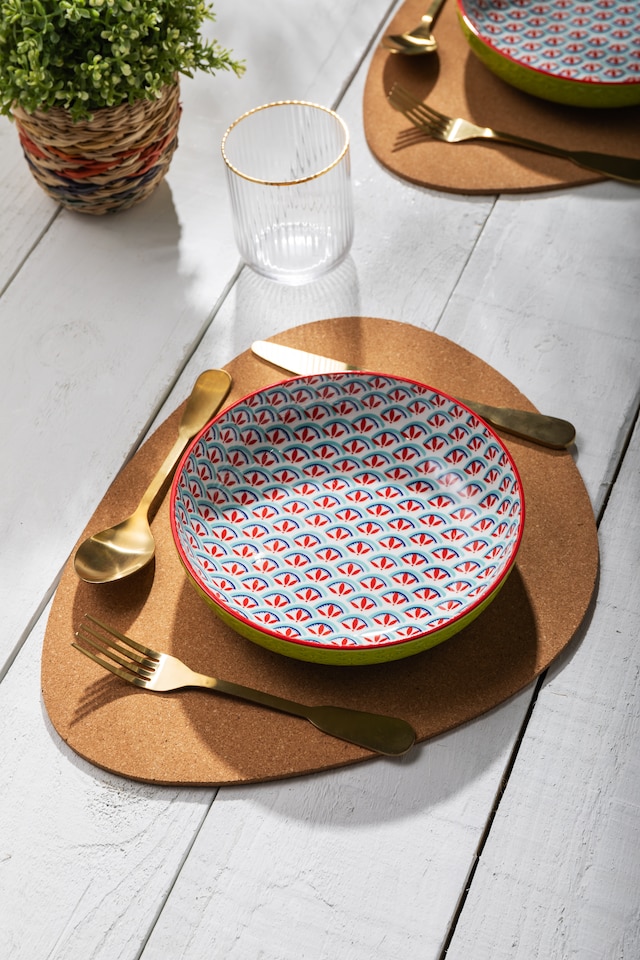 image 1 of Mikasa Set of 4 Green and Blue Geometric 2 Toned Stoneware Pasta Bowls