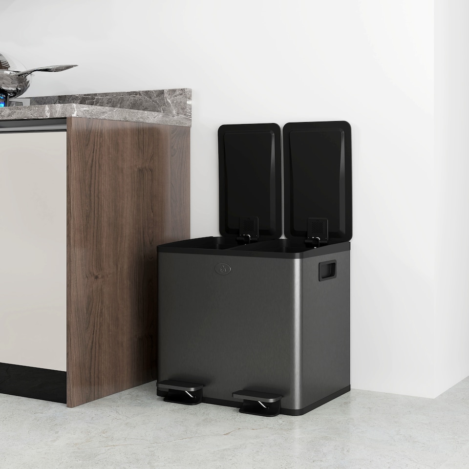 image 1 of HOMCOM Dual Kitchen Bin, 2 x 15L Stainless Steel Double Rubbish Bin with Soft Close Lid, Removable Inner Buckets, Fingerprint-Proof for Recycling and Waste, Black | Black | 1