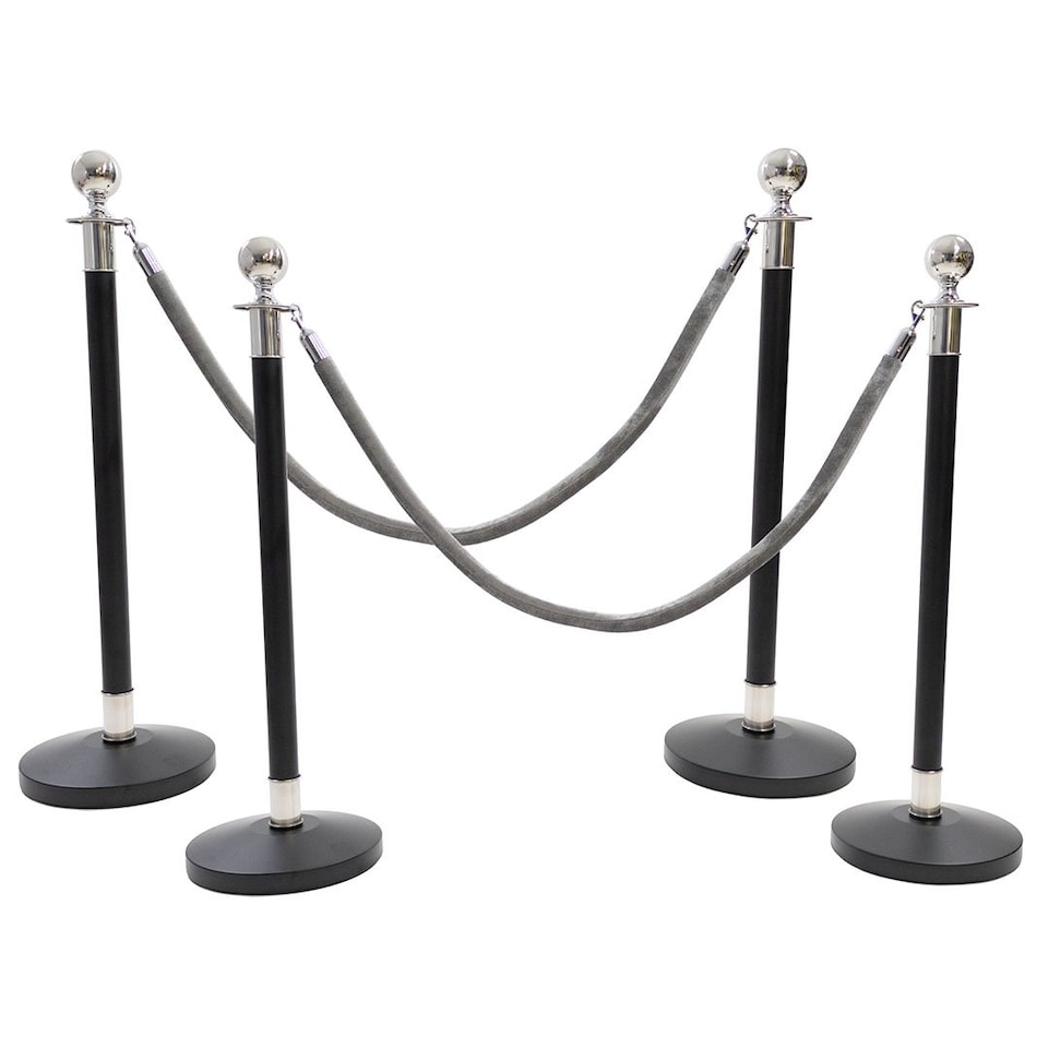 image 1 of 4 Silver Finish Black Stanchion Poles with 2 Grey Velvet Ropes