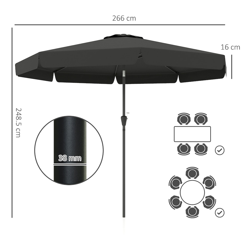 image 1 of Outsunny 2.7m Patio Umbrella Garden Parasol with Crank, Ruffles, 8 Ribs, Black