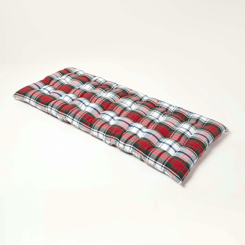 image 1 of Homescapes Garden Bench Cushion Luxury 2 Seater Cotton Tartan Indoor Outdoor Seat Pad | Red | 108 x 42 cm | 1