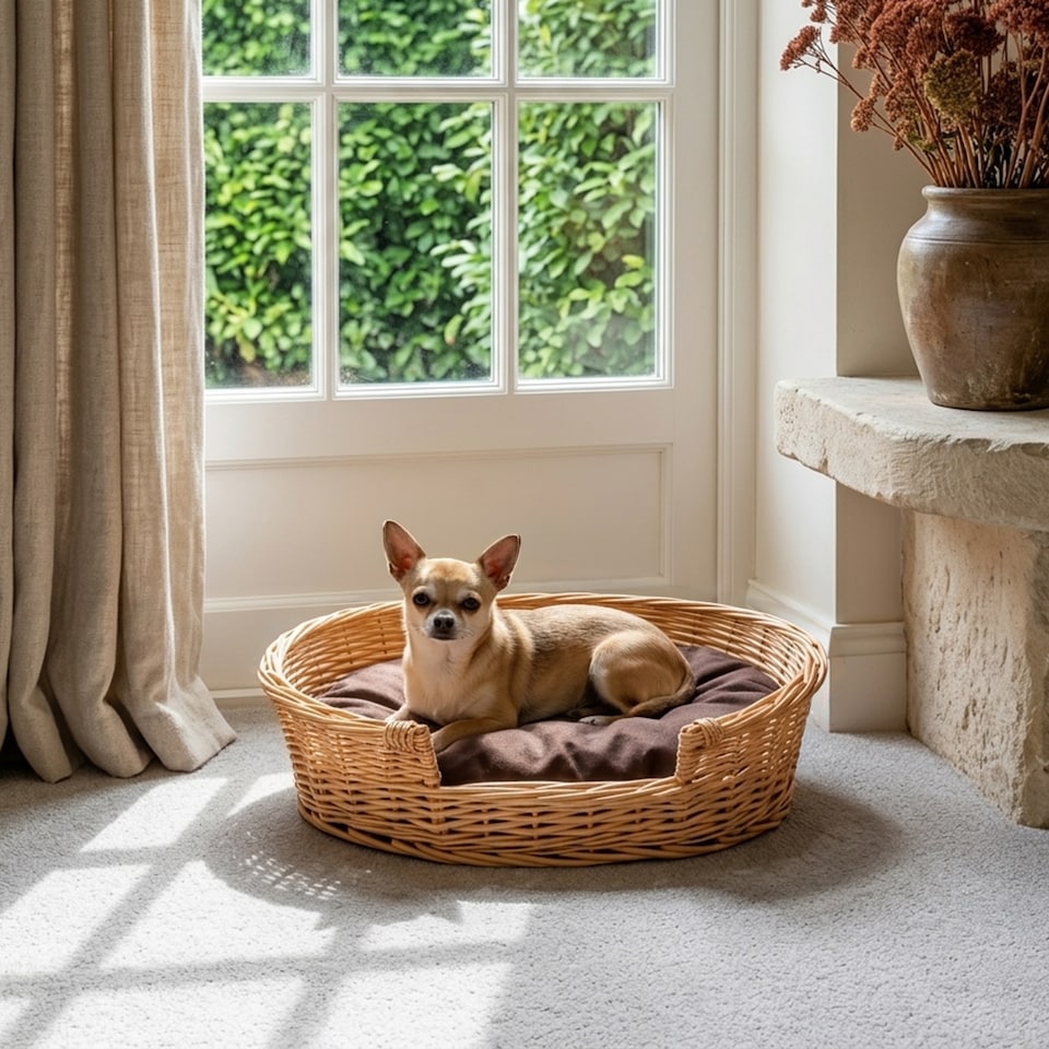 image 1 of Honey Color Wicker Dog Pet Bed with Washable Cushions (Large)