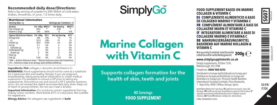 image 1 of Pure Marine Collagen Powder with Vitamin C - 200g Powder - 40 Servings