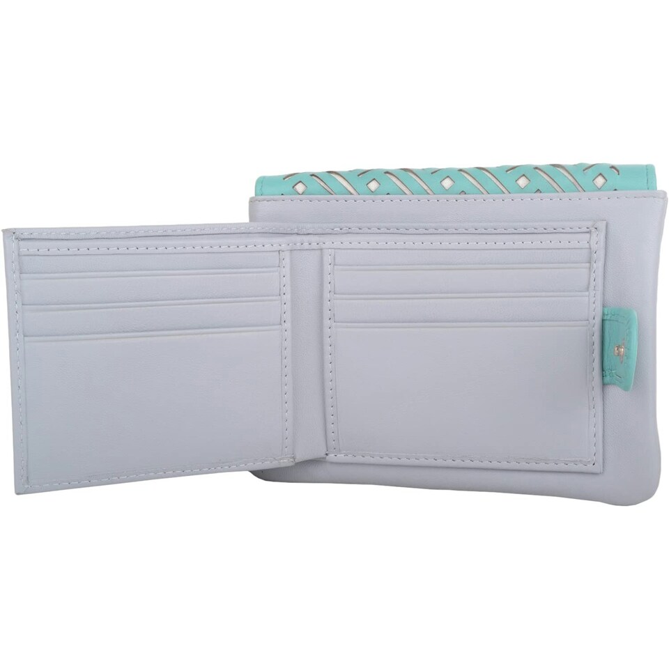image 1 of Laser Cut Genuine Leather Credit Card Money Holder Wallet Purse Grey | Grey/Turquoise