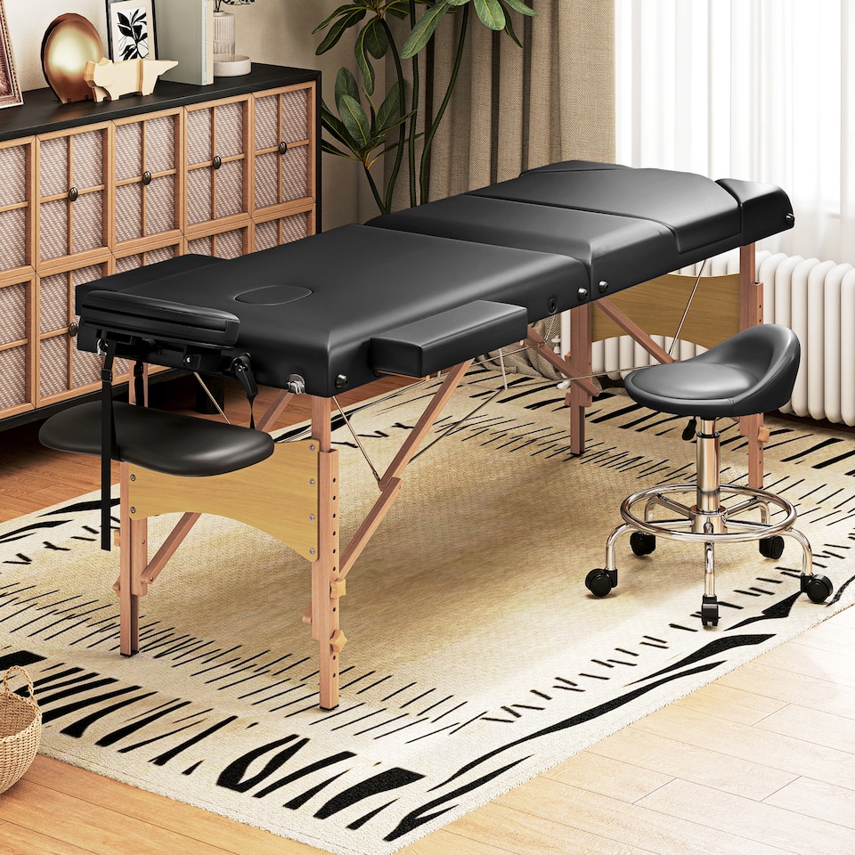 image 1 of HOMCOM Portable Massage Table, 3 Section Adjustable Beauty Bed, Wooden Foldable Massage Bed with Face Cradle, Padded Armrests for Spa, Lash, Tattoo, Black | Black | Black