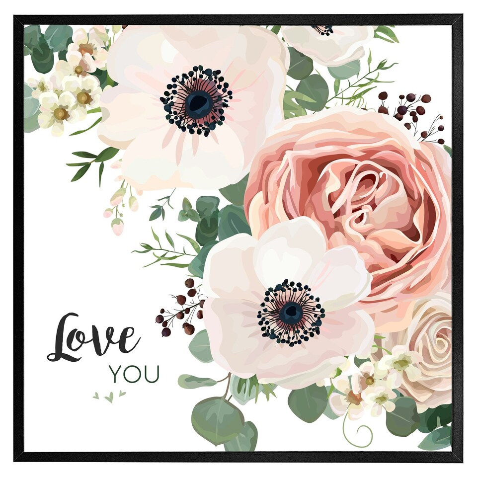 image 1 of Garden flower, pink peach rose, white anemone (Picture Frame) Brown / M