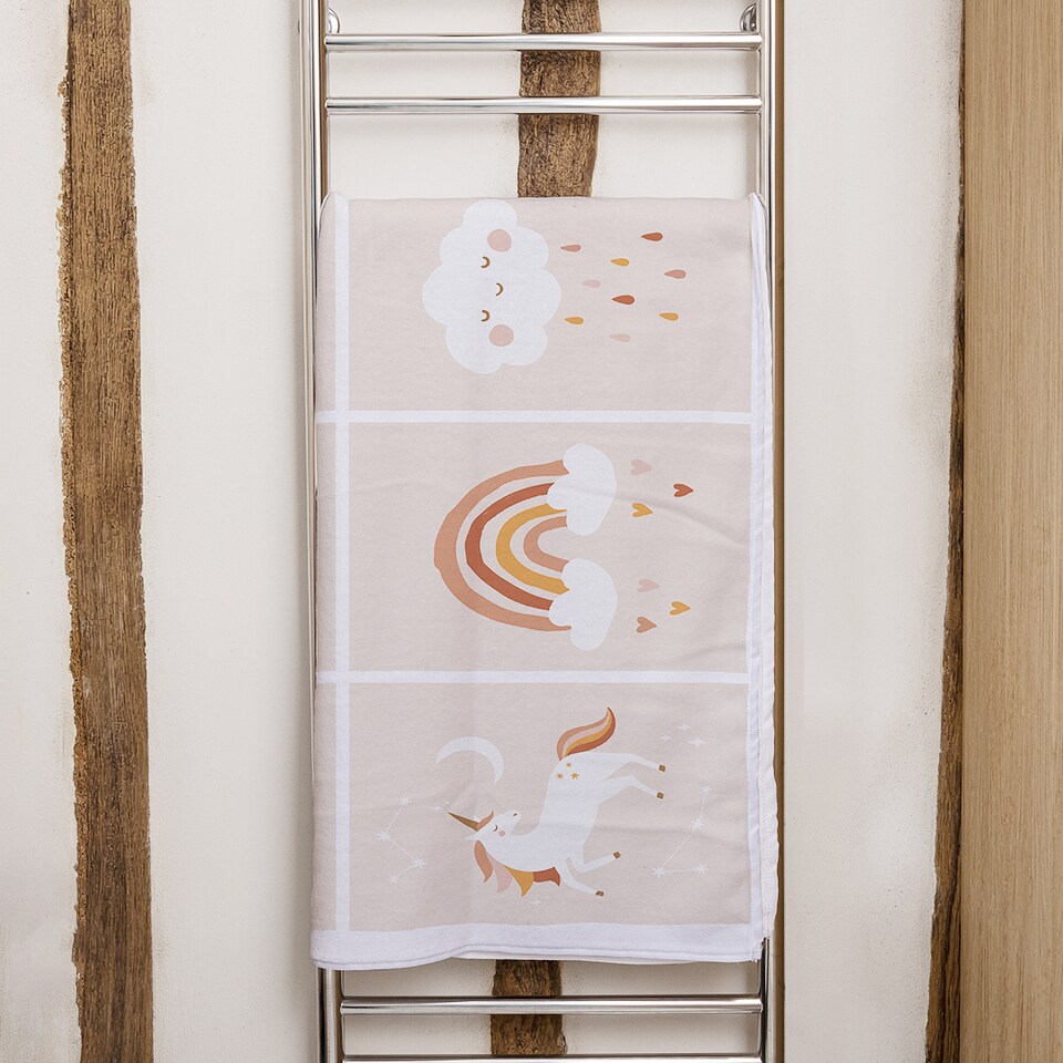 image 1 of Cute Hand Drawn Unicorn, Rainbow and Cloud Designer Bath Towel | Multi