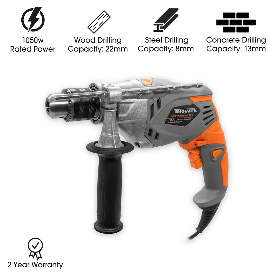 image 1 of Terratek Electric Corded Hammer Drill 1050W, Variable Speed Auxiliary Handle Included