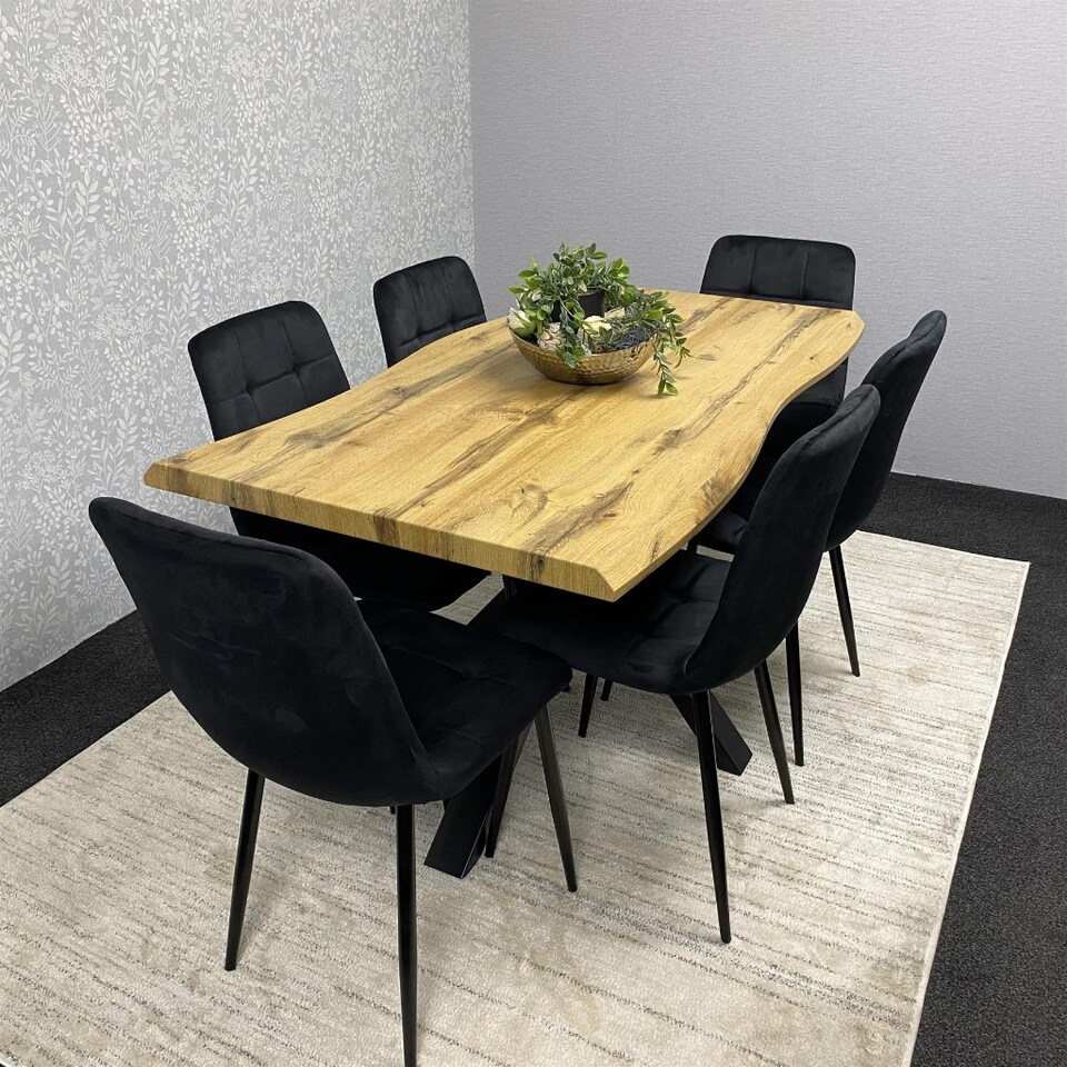 image 1 of Wooden Dining Table with 6 Black Velvet Chairs, Stylish Dining Room Furniture