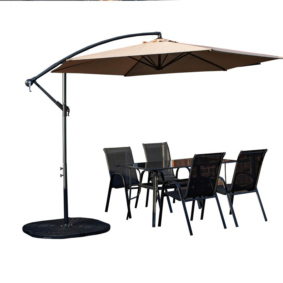 image 1 of Outdoor 4 Person Rectangular Glass Top Garden Dining Table Chairs With Beige Banana Parasol and Base