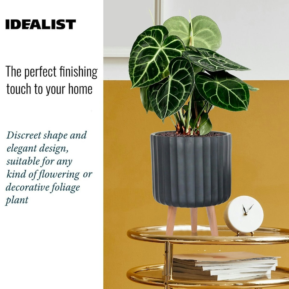 image 1 of Modern Ribbed Black Cylinder Planter on Legs, Round Pot Plant Stand Indoor D24 H32 cm, 7.6 ltrs Cap.