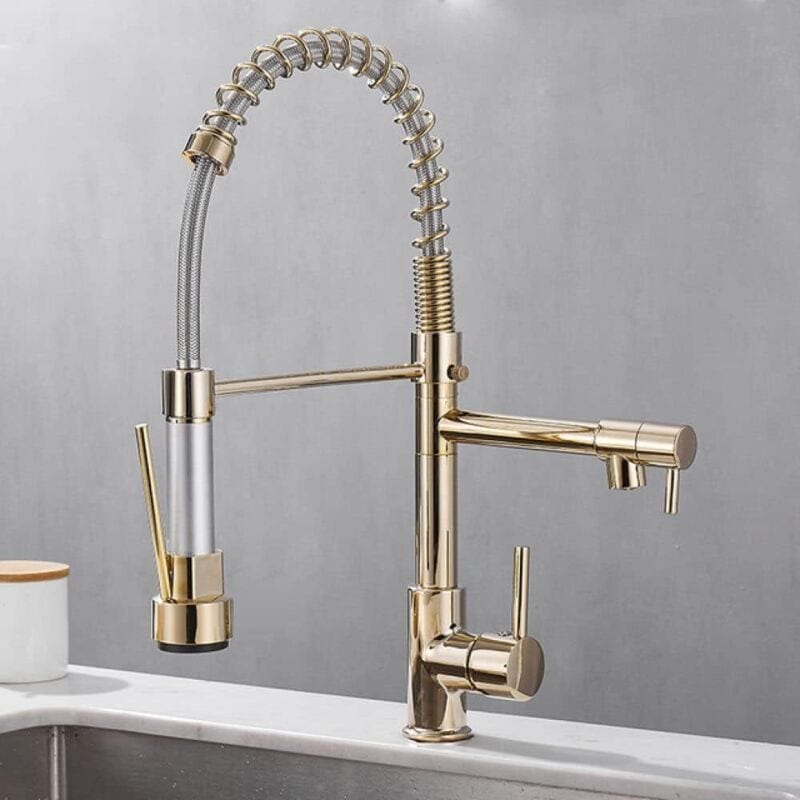 Hand basin faucet, copper kitchen faucets, dual cold and hot water outlets, deckmounted spring mixer taps, gold