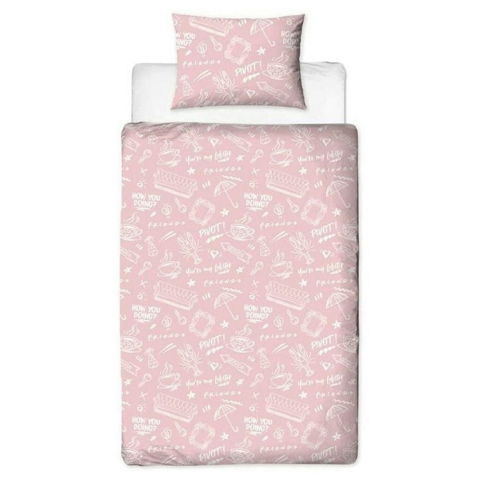 image 1 of Friends Coffee Duvet Cover Set - Pink/Grey/White - Single Pink | Single