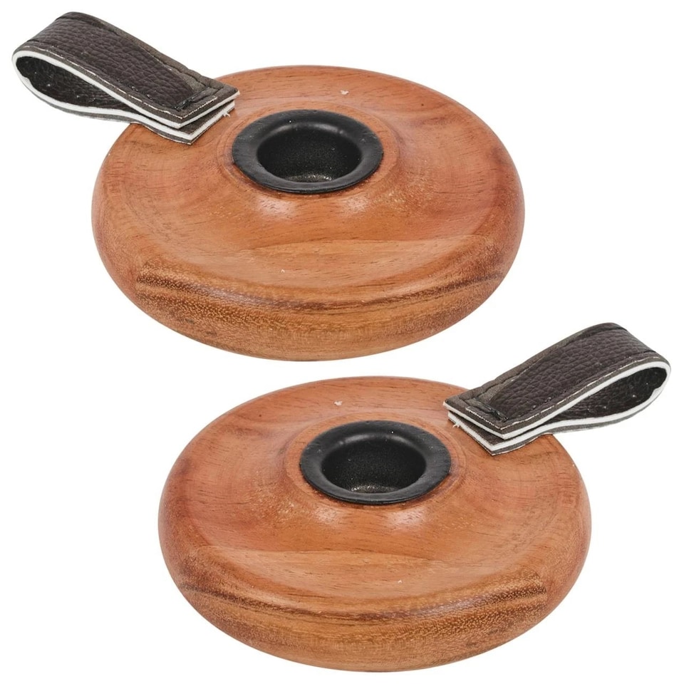 image 1 of Wooden Candle Holder with Handle Rustic Natural Light Wood Candlestick Decor | Brown | Set of 2