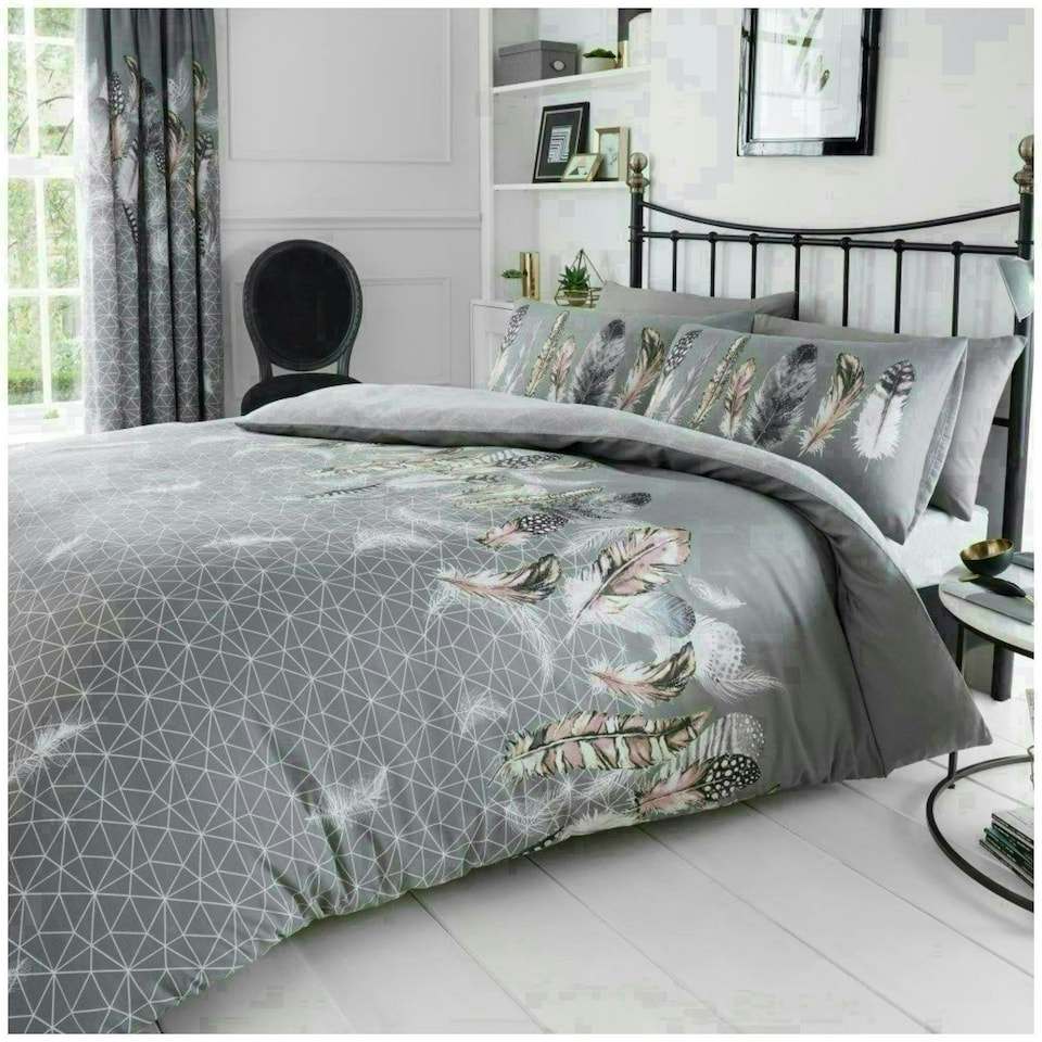 image 1 of VELVETIO Feathers Geometric Printed Duvet Cover Set Reversible Polycotton Beddings Grey | Super King