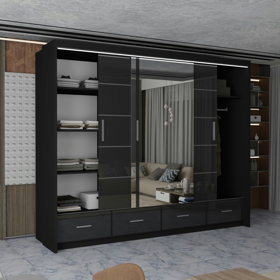 image 1 of Sleek High Gloss Sliding Wardrobe 255cm with Drawers | White/Black/Grey 3-Door Bedroom Storage Black | Black255cm