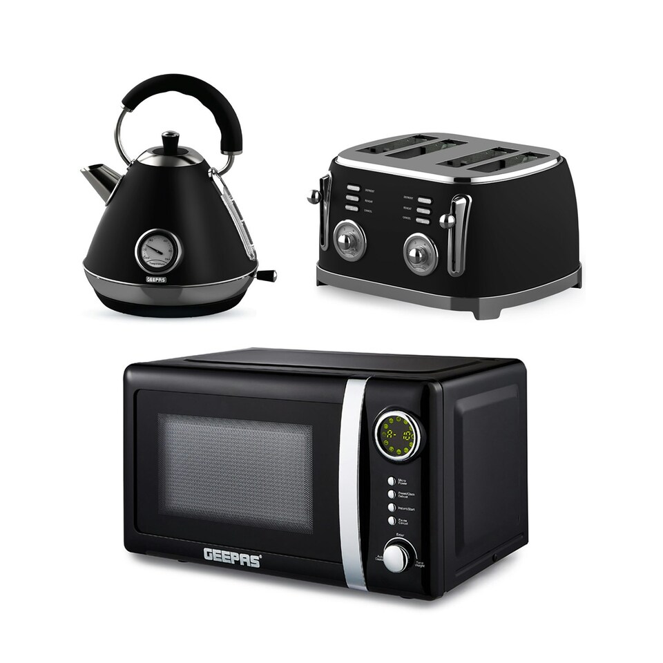 GEEPAS 1.7L Electric Kettle, 4 Slice Bread Toaster | Black Retrovive Black