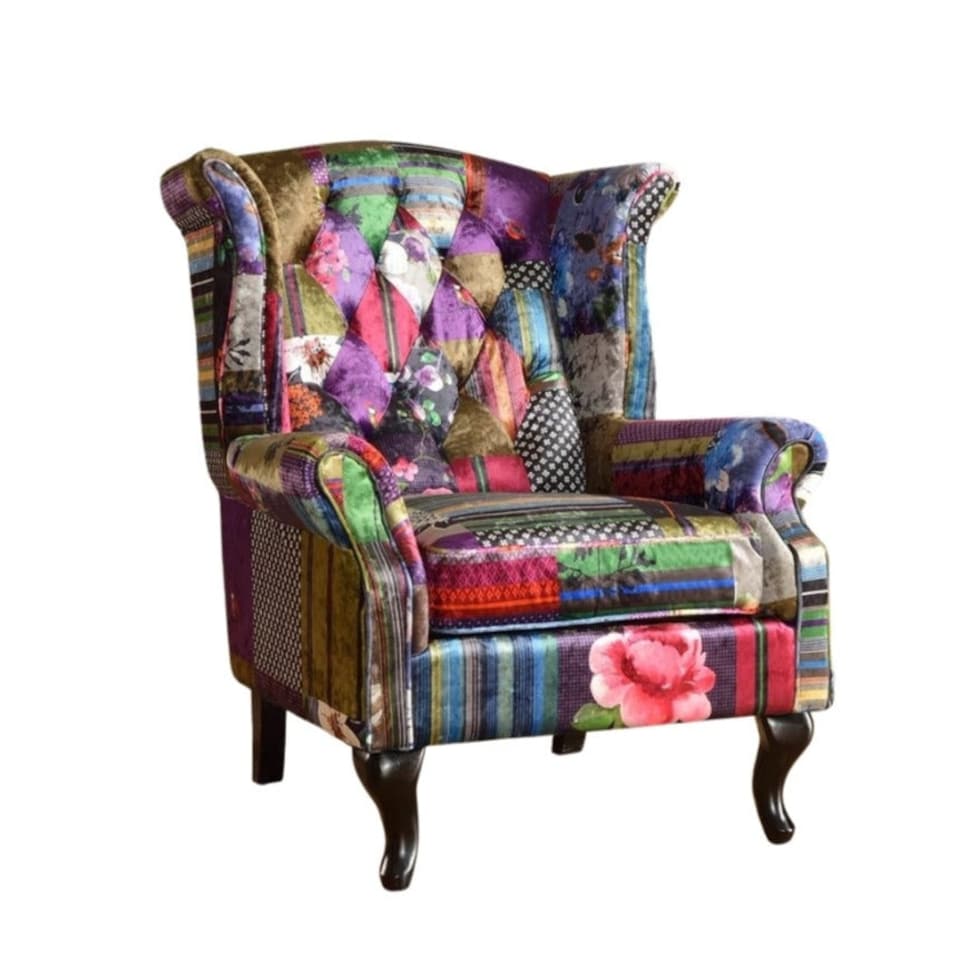 image 1 of Fabric Patchwork Chesterfield Avici Scroll Wingback Chair