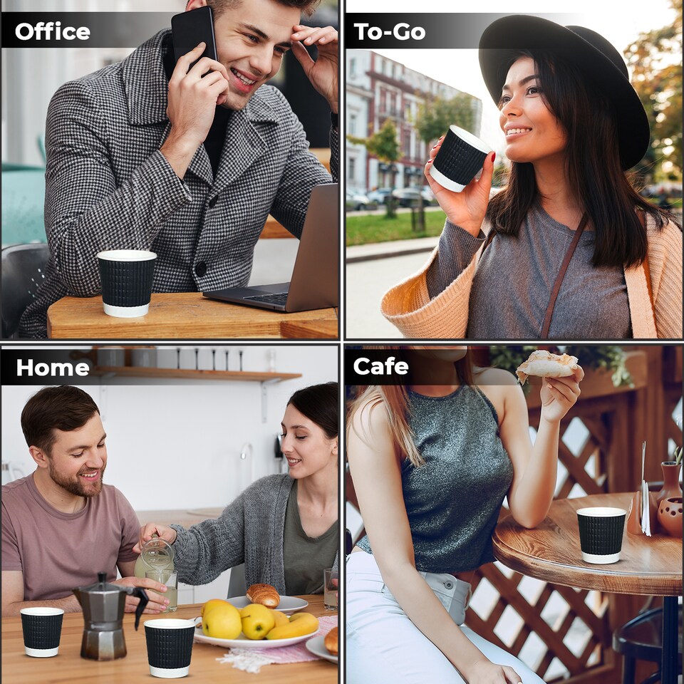 image 1 of ECONX 4oz Disposable Coffee Cups Black 3-PLY Insulated Ripple Wall Paper Cups 100pc