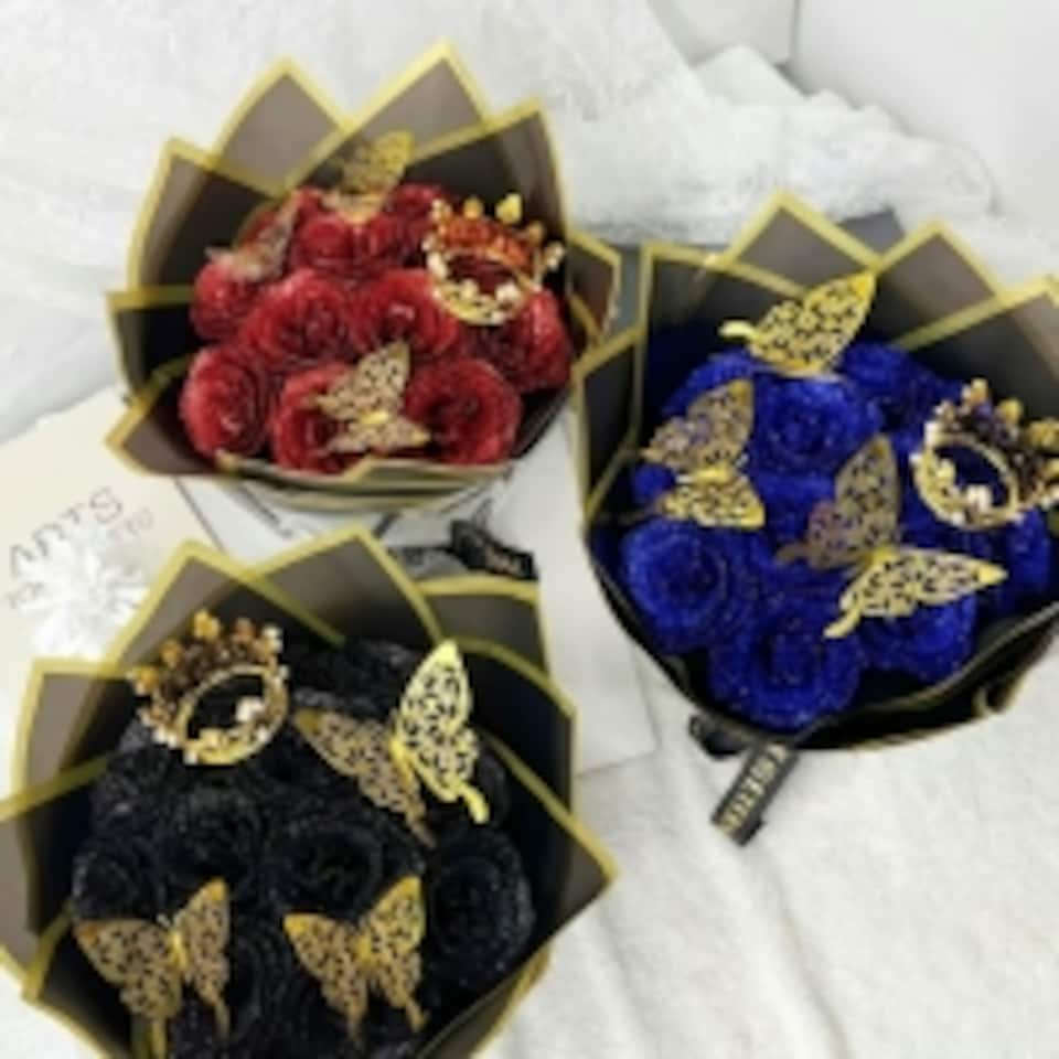 image 1 of Artificial 12 Purple Rose Flower Bouquet With Glitter Crown Butterfly Wedding Party Decoration