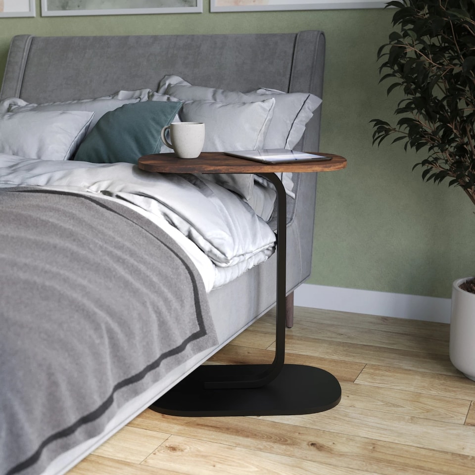 image 1 of C Shaped Oval Side End Wood & Metal Table Bedside Couch Sofa Living Room Bedroom | Multi | Rustic Brown