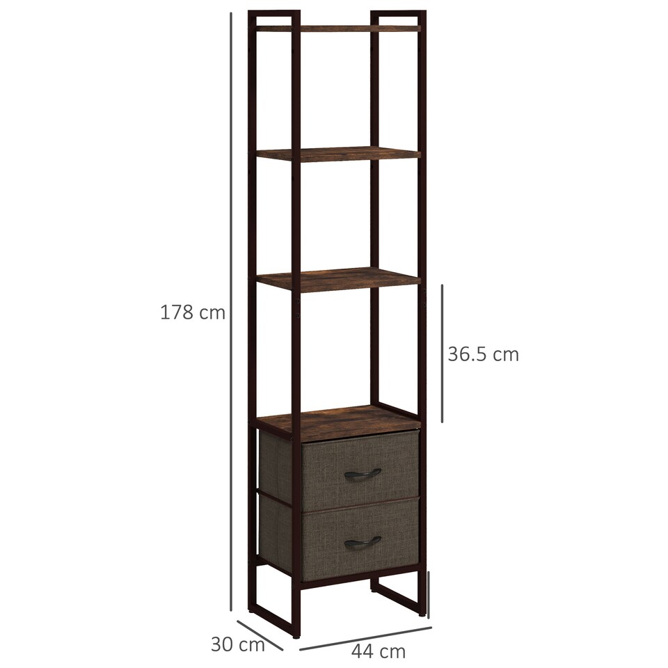 image 1 of HOMCOM Industrial Bookshelf, Slim Storage Shelf with 2 Fabric Drawers and 4-tier Shelving Unit, Narrow Display Rack for Living Room, Home Office, Rustic Brown