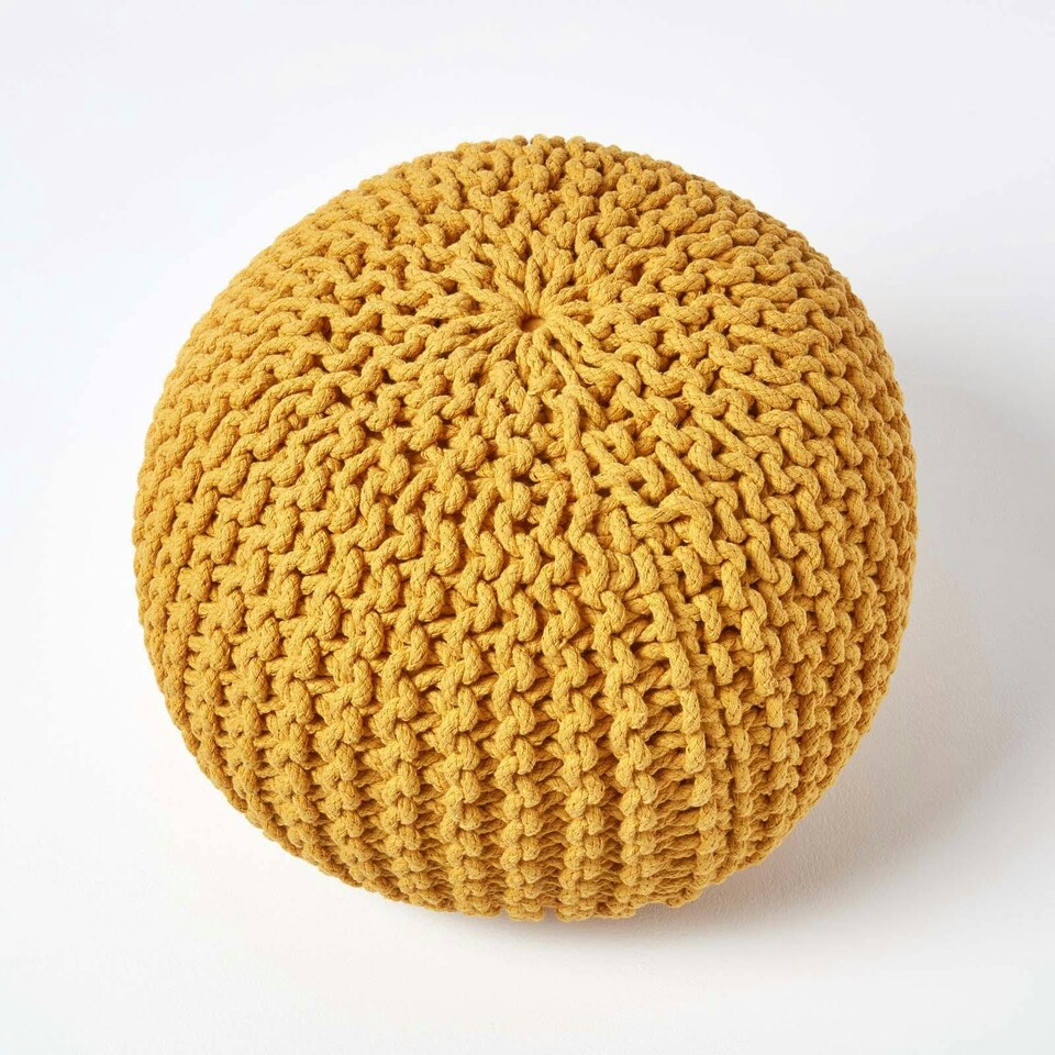 image 1 of Homescapes Mustard Round Cotton Knitted Pouffe Footstool - 35 x 40 cm | Yellow | H 35cm x W 40cm