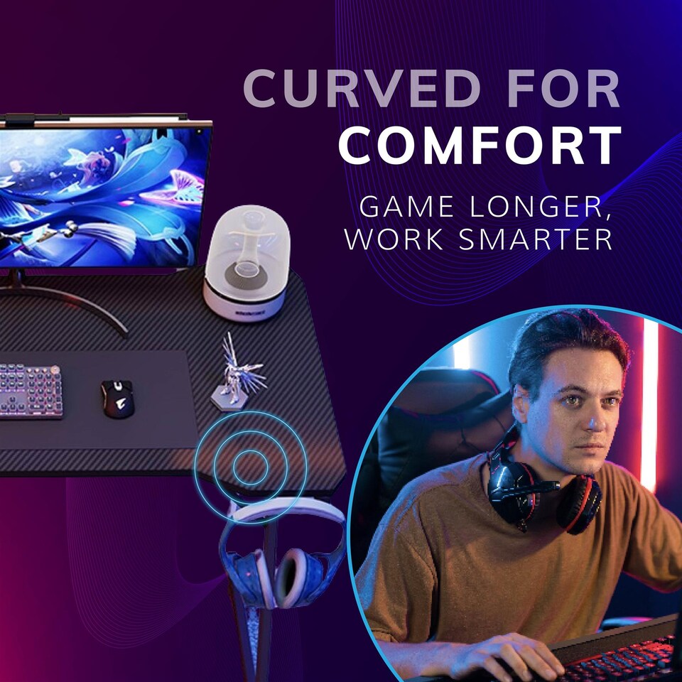 image 1 of House of Home Gaming Desk Carbon Fibre Finish Black 80cm Cup Holder, Headphone Hook | Black