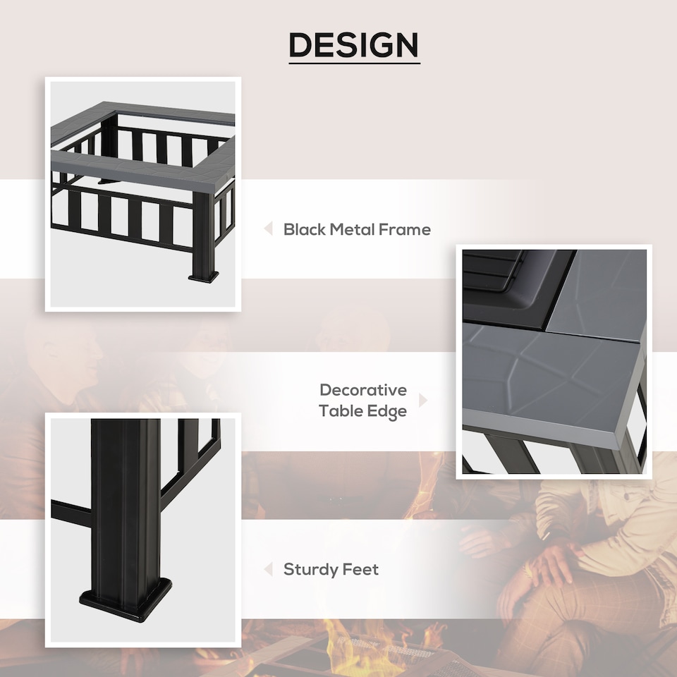 image 1 of Outsunny Fire Pit Heater Square Table Patio Metal Black 86 cm Outdoor | Black | Black