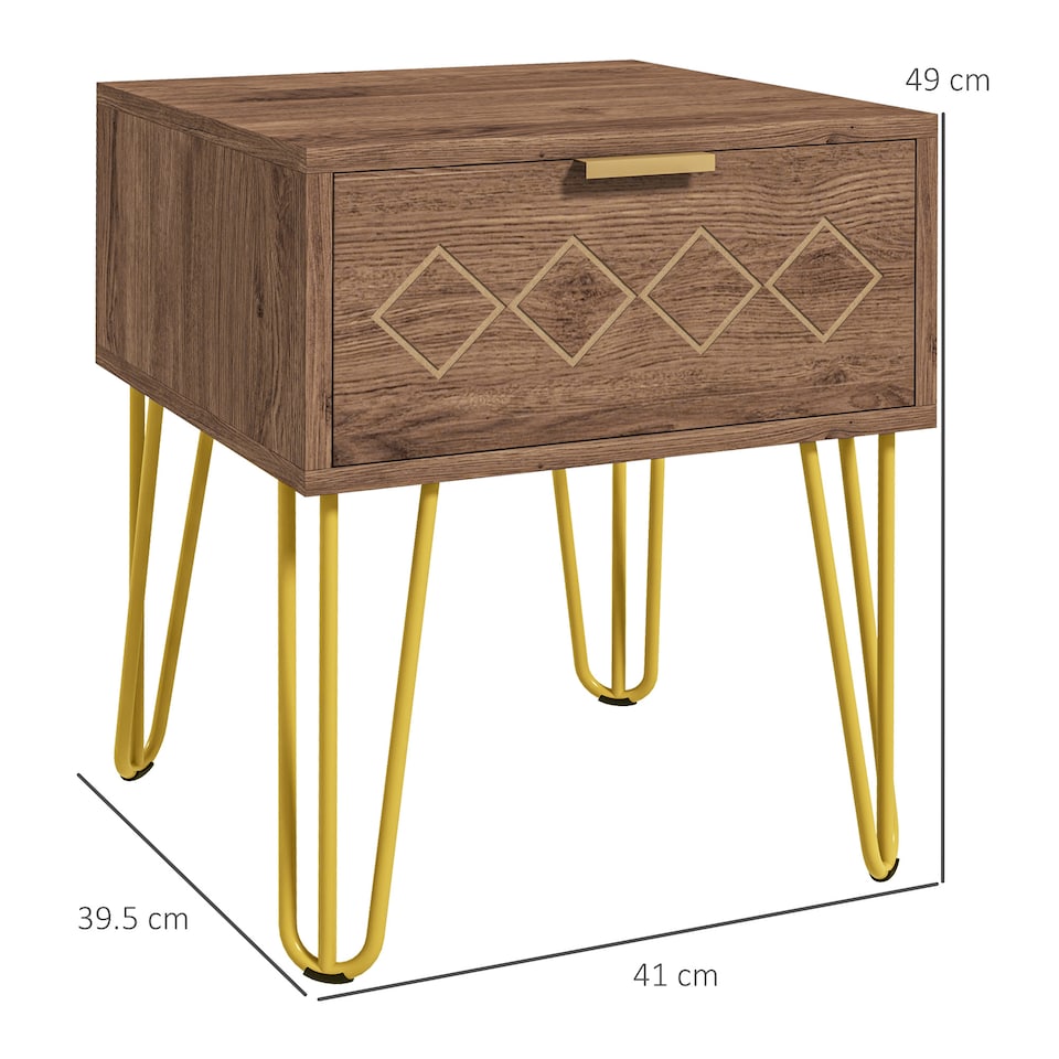 image 1 of HOMCOM Bedside Table with Drawer, Wooden Nightstand, Modern Sofa Side Table with Gold Tone Metal Legs and Handles for Living Room, Bedroom, Easy Assembly, 40x41x 49cm, Brown