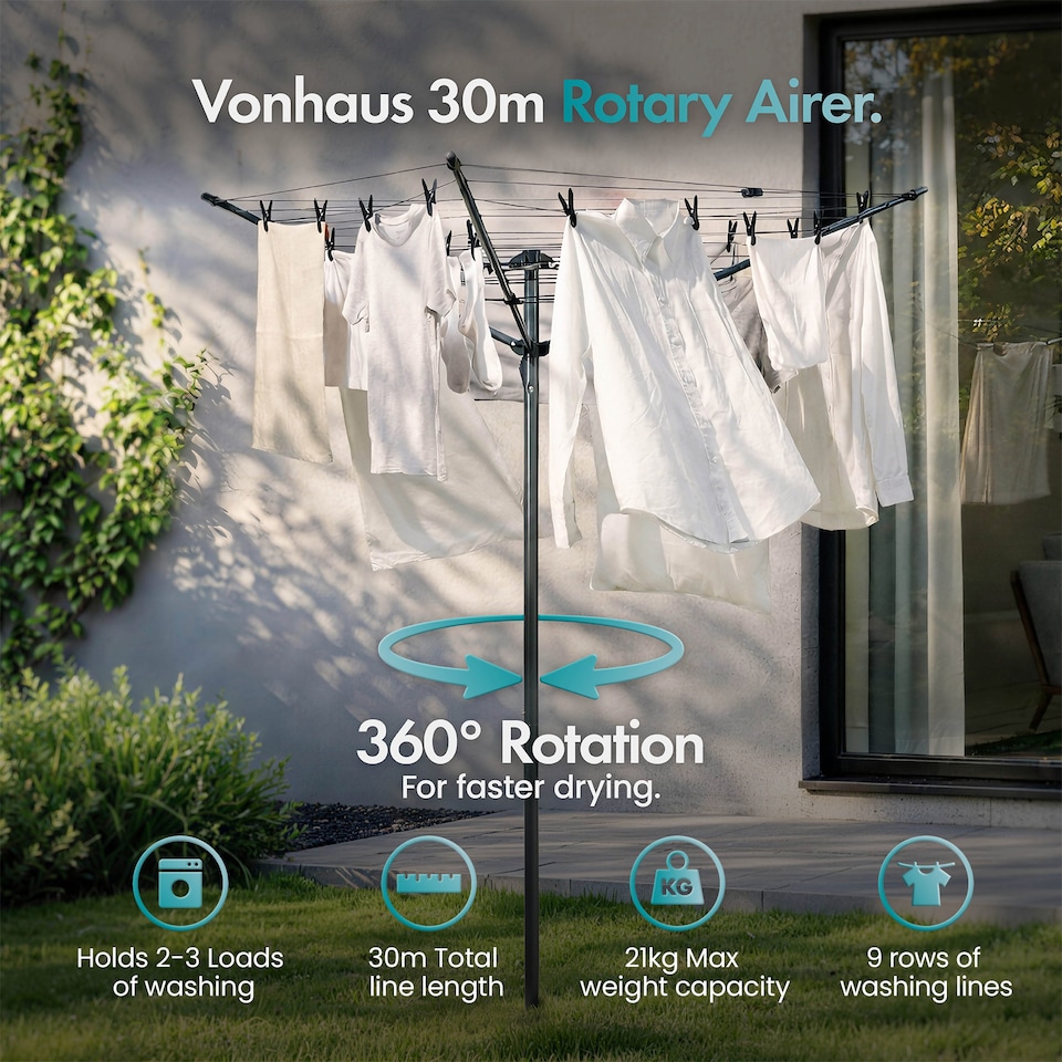 image 1 of Vonhaus Rotary Washing Line 30m, 3 Arm Outdoor Clothes Airer