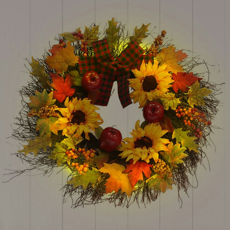 image 1 of Living and Home Autumn Wreath with Artificial Maple Leaves and Sunflowers for Halloween- 45cm dia