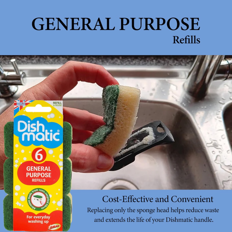 image 1 of Dishmatic Scrubbee Handle with 6 General Purpose Refills and I-Stand Fillable Washing Up Brush Set for Cleaning