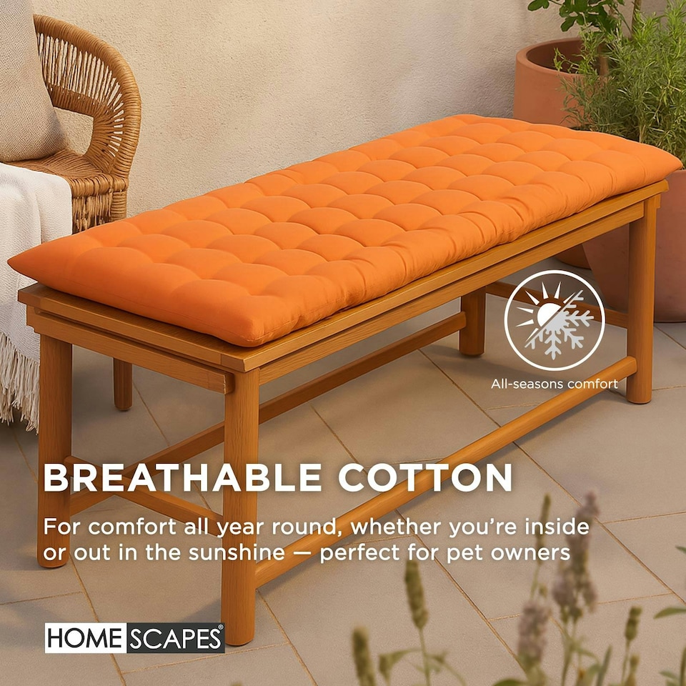 image 1 of Homescapes Garden Bench Cushion Luxury 3 Seater Cotton Indoor Outdoor Seat Pad | Orange | 143 x 48 cm | 1