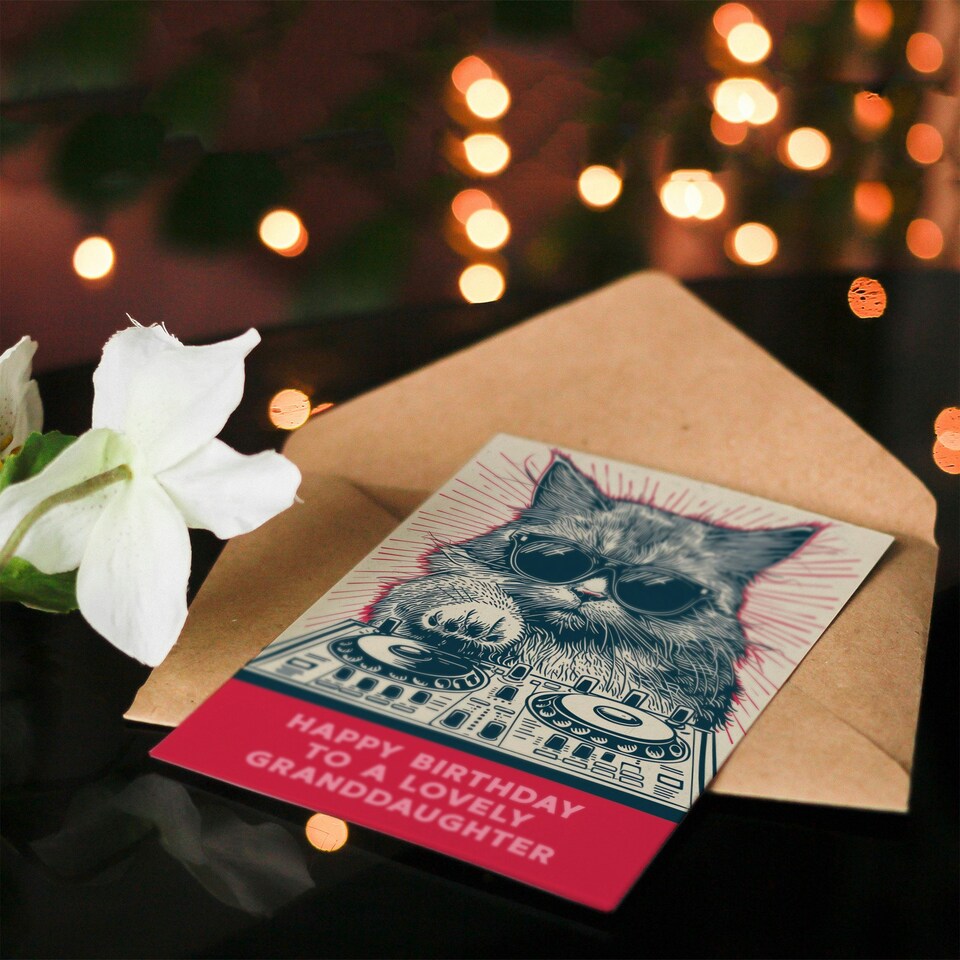 image 1 of DJ Moggie Cat Retro Cool On Decks Fun Cat Granddaughter Funny Birthday Card