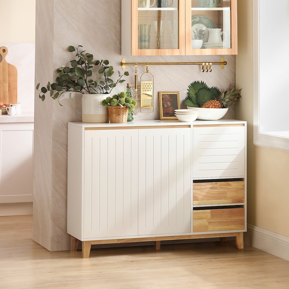 image 1 of SoBuy Low Sideboard with 2 Doors & 3 Drawers, White/Natural Wood, 47.2x15.7x35.4 inches, 27.1 kg - FSB75-WN