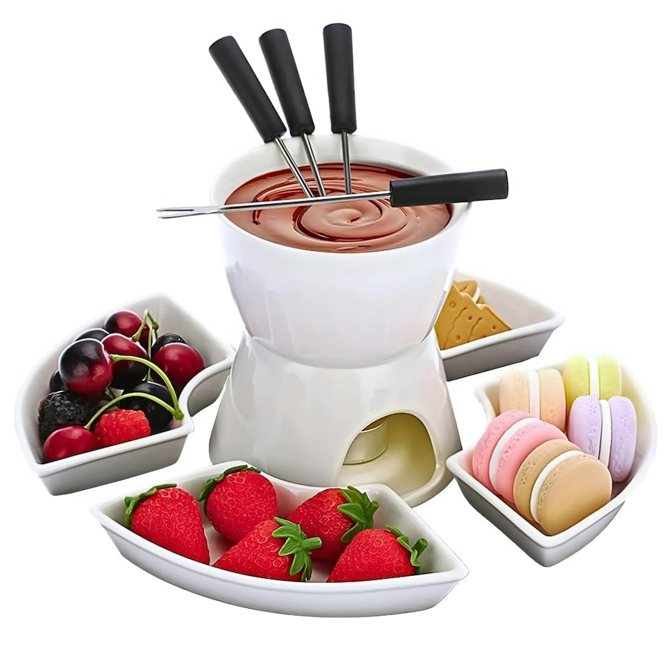 image 1 of Marco Paul 10pc White Ceramic Chocolate Fondue Set with Stainless-Steel Forks and 4 Half Moon Serving Dishes